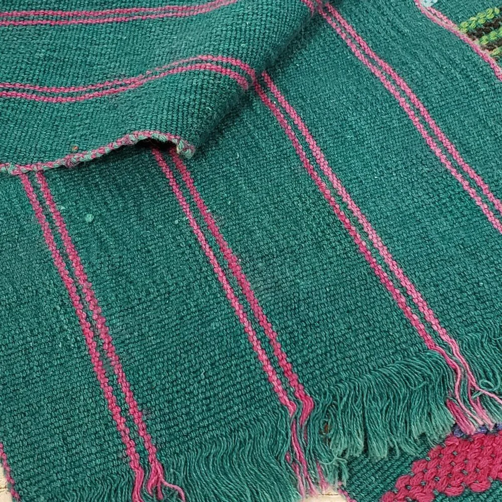 Handwoven Colorful Table Runner Teal background with lots of other colors